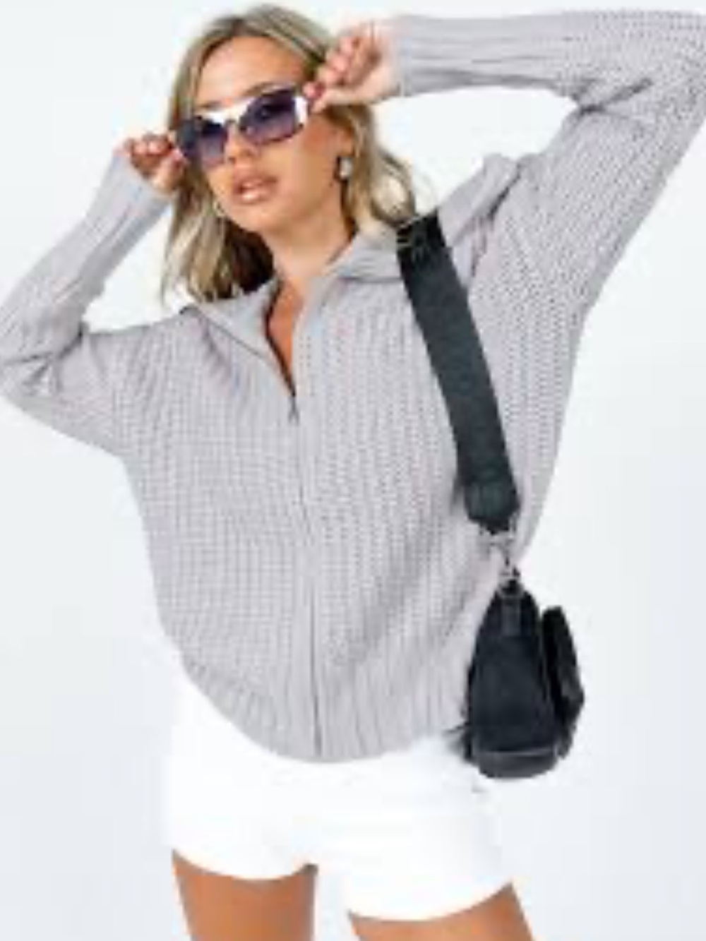 Liana Gray Half-Zip Waffle Knit Sweater Princess Polly